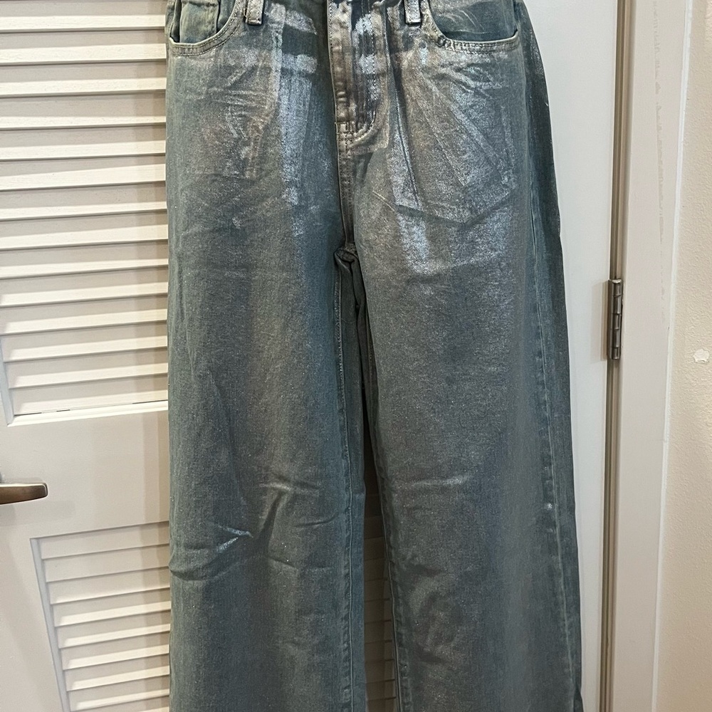 Fashion Nova Metallic Slate Wide Leg Jeans